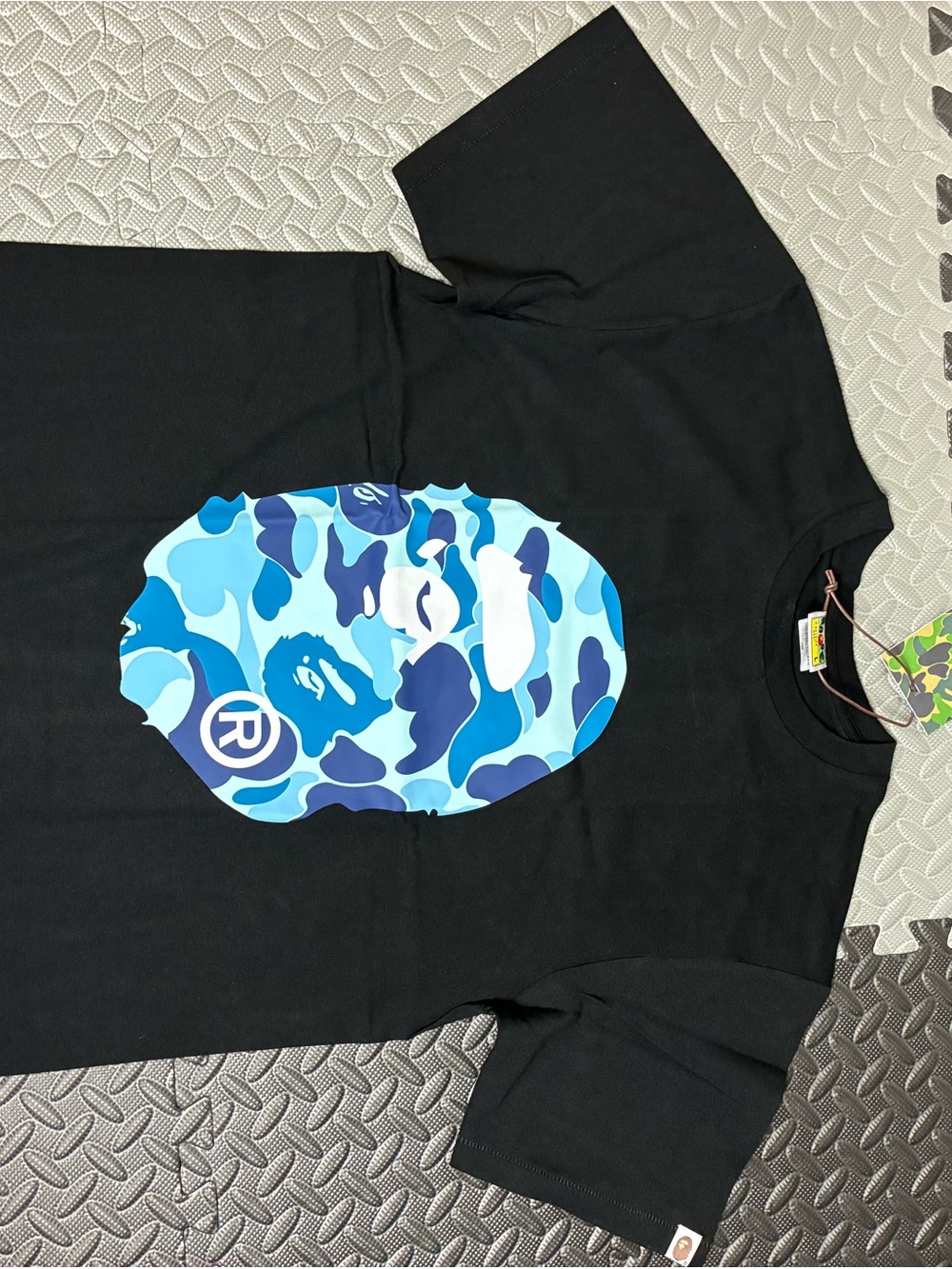 Bape Black Tee with Blue Camo Ape Head Graphic